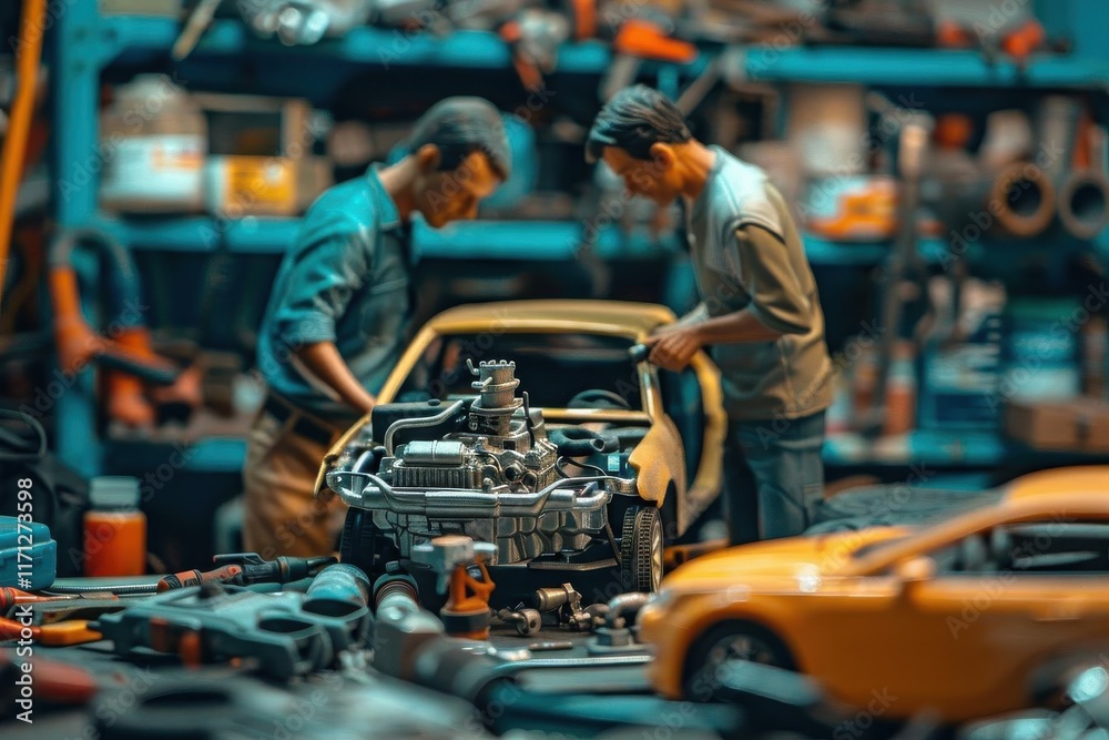 Two figures working on a model car in a cluttered workshop filled with tools and parts. Two figures working on a model car in a cluttered workshop filled with tools and parts.