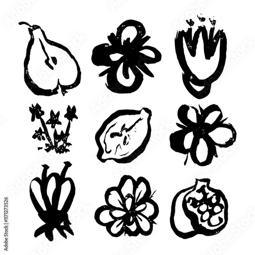 A whimsical set of isolated fruit and flower illustrations in a naive, hand-drawn style. The raw and unpretentious artwork highlights spontaneity and artistic freedom