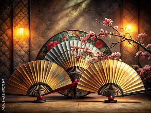 Elegant, modern kimono fashion.  Studio portrait of 3 fans.  High-fashion details. photo