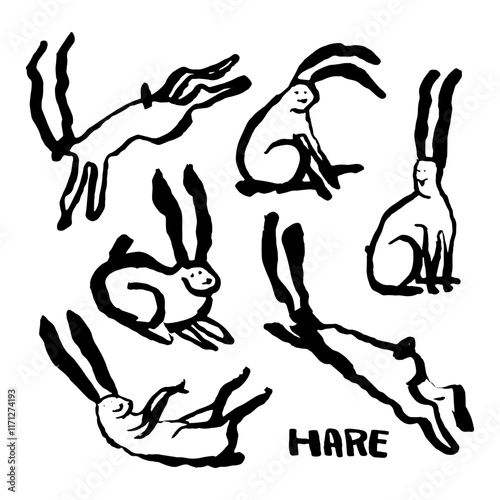 A collection of freehand vector drawings of rabbits sitting, jumping, lying and running. The primitive black ink illustrations capture a playful, childlike aesthetic on a white background.