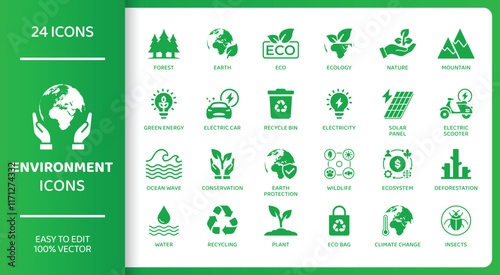 Environment  - Icon Collection. Thin Line Set contains such Icons as Recycle, Environment, Nature, Electricity, Electric Bike and more. Simple web icons set.