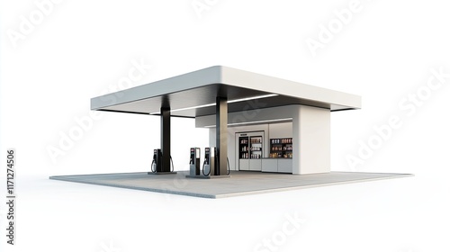 Modern gas station with integrated convenience store, isolated on white background.