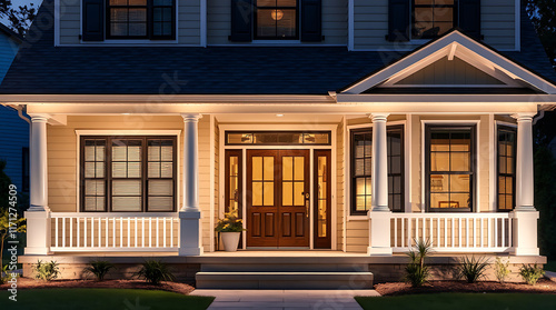 Night-time view of a two-story house with a front porch illuminated by warm-toned lighting.  The house is beige with white columns and railings.  The front door is dark brown.
