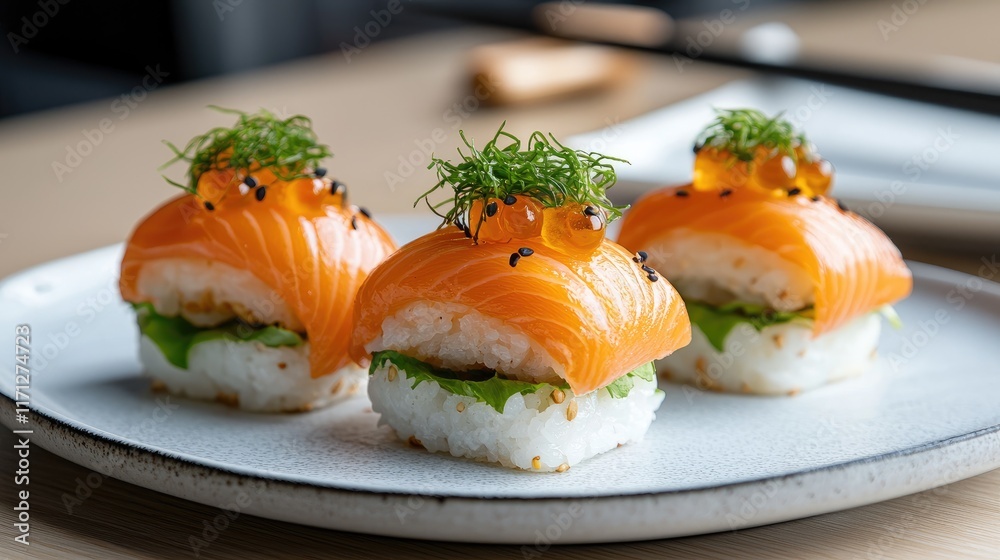 Fresh Salmon Sushi with Greens and Garnish Fresh Salmon Sushi with Greens and Garnish