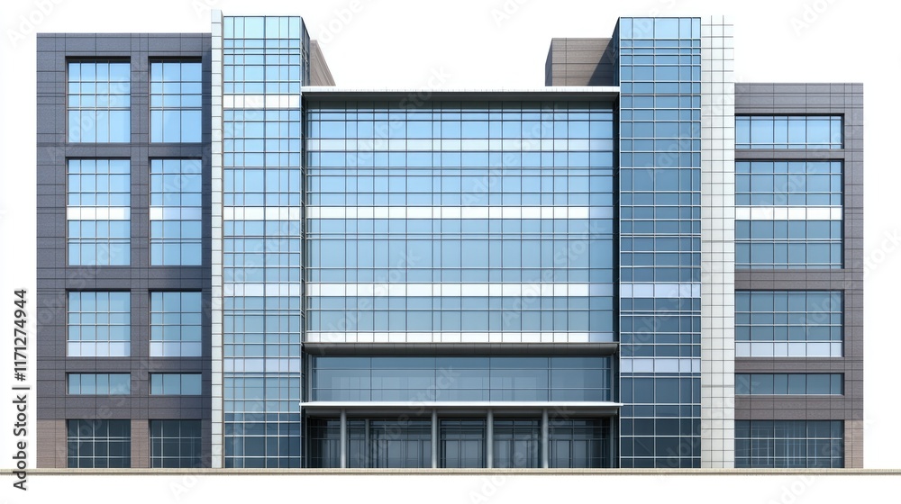 Fototapeta premium Modern glass and concrete office building exterior isolated on white background.