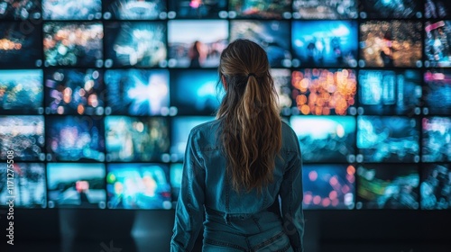 A woman with her hair tied back gazes at an array of vivid screens around her, embodying the chaos and beauty of the digital world that surrounds her. photo