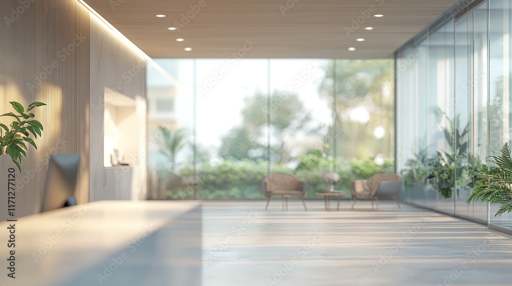 Fototapeta premium Beautiful blurred interior of a modern office featuring panoramic windows, soft lighting, and minimalist furnishings that create a bright and airy atmosphere