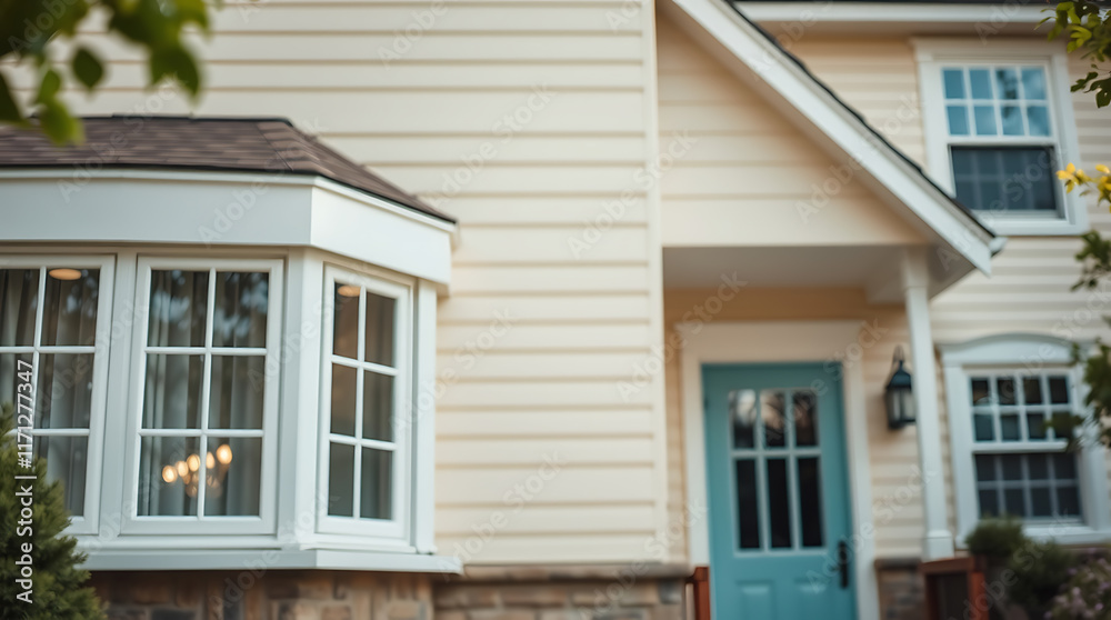 A pale yellow house with white trim features a bay window, a light teal front door, and multiple multi-paned windows. The siding is horizontal. Partial view of landscaping is visible. A pale yellow house with white trim features a bay window, a light teal front door, and multiple multi-paned windows. The siding is horizontal. Partial view of landscaping is visible.