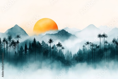 Fototapeta Naklejka Na Ścianę i Meble -  A soft watercolor of a misty jungle at sunrise, with warm golden hues blending into rich greens