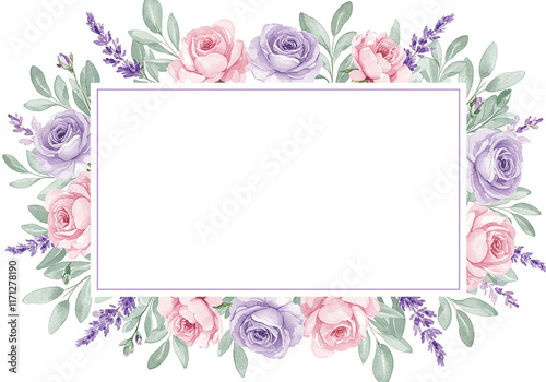 Pretty Pink Purple Rose Floral Frame Blank Invitation Wedding Greeting Card