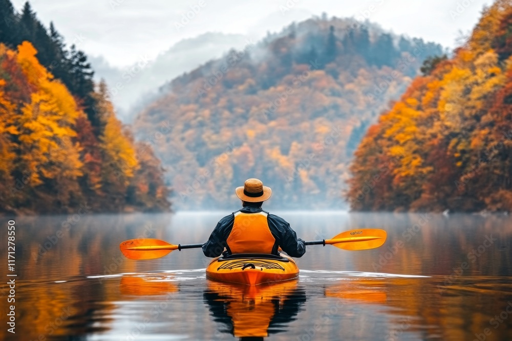 A solo kayaker in a vibrant orange kayak, gliding through a winding river surrounded by autumn trees A solo kayaker in a vibrant orange kayak, gliding through a winding river surrounded by autumn trees