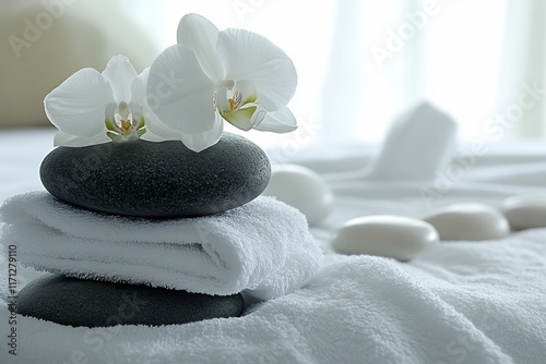 White orchids, stones, towels on bed tranquil spa setting