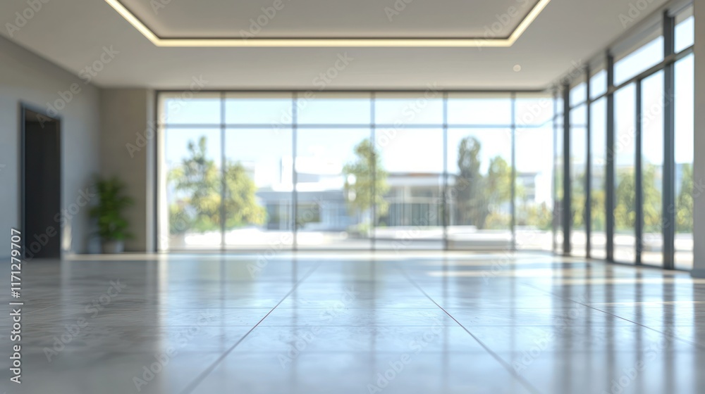 Obraz premium Blurred background of a spacious meeting room with large windows and modern decor
