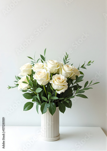 Simple and elegant white roses arrangement in a ceramic vase against a minimalistic background for stylish decor