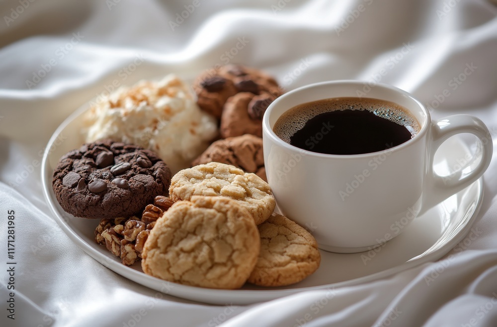 Freshly Baked Cookies on a Plate with a Cup of Black Coffee on a Soft White Fabric Background for Cozy Coffee Moments and Sweet Treats Freshly Baked Cookies on a Plate with a Cup of Black Coffee on a Soft White Fabric Background for Cozy Coffee Moments and Sweet Treats