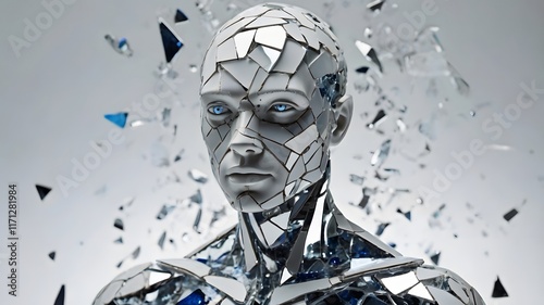A humanoid figure made of fractured glass shards, each shard reflecting different human emotions, futuristic lighting.