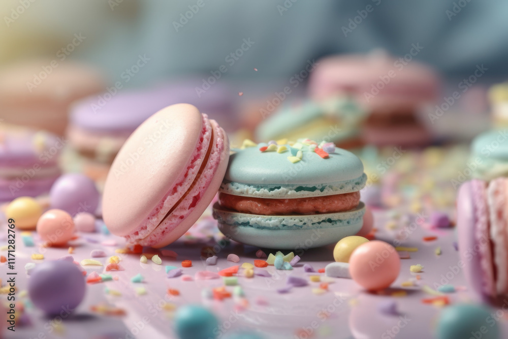 Fototapeta premium Close-up of pastel-colored macarons with vibrant decorations