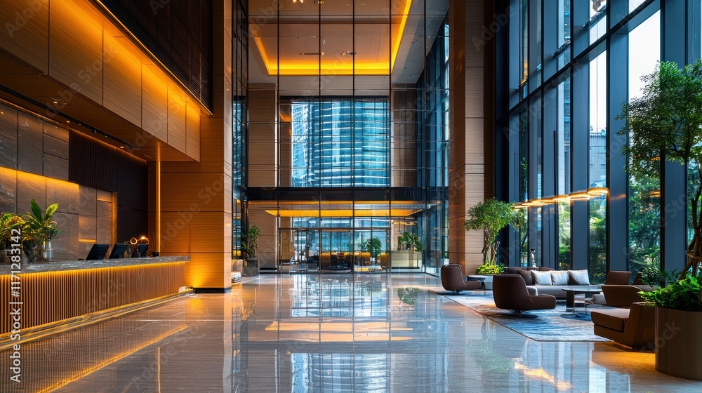 Blurred image of a corporate building lobby with a clean modern design, expansive glass windows, and ambient lighting, exuding a sleek and professional environment Blurred image of a corporate building lobby with a clean modern design, expansive glass windows, and ambient lighting, exuding a sleek and professional environment