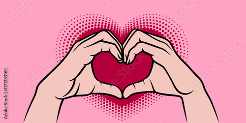 Hands making Sign of Heart with retro heart. Vector Illustration. Ink Style. Colorfull.