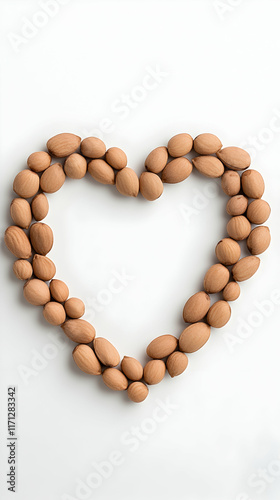 Heart-shaped pecans arranged on white background, overhead shot, for food blog or packaging.
