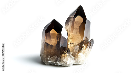 one single smoky quartz cluster isolated on solid white background	
