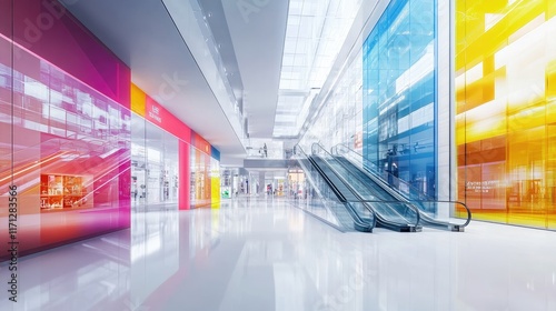 Modern shopping mall interior with escalator, colorful walls, and bright lighting.