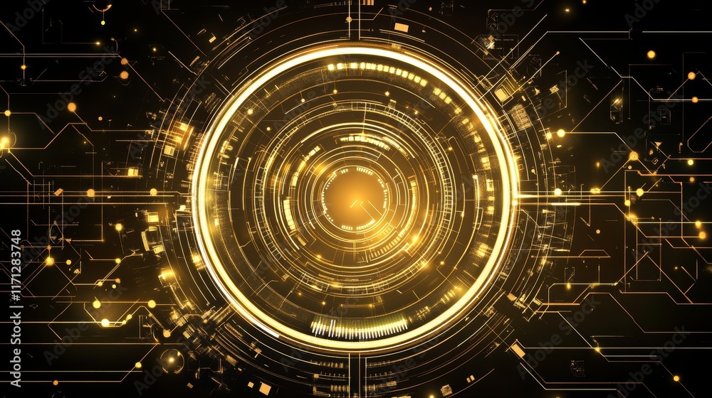 Obraz premium Abstract digital design featuring concentric circles and glowing elements for technology themes.