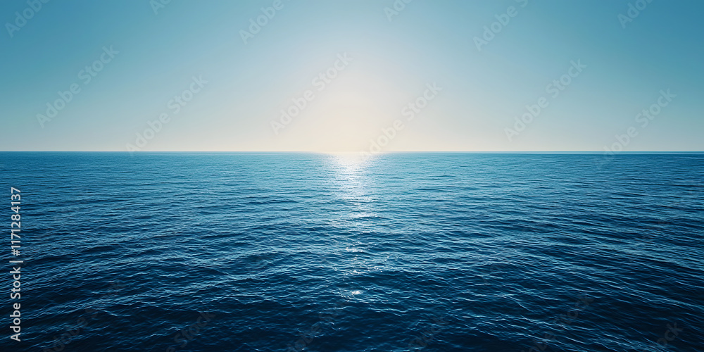 Obraz premium serene ocean view with gradient from deep ocean blue to light blue, capturing calmness of sea and beauty of horizon