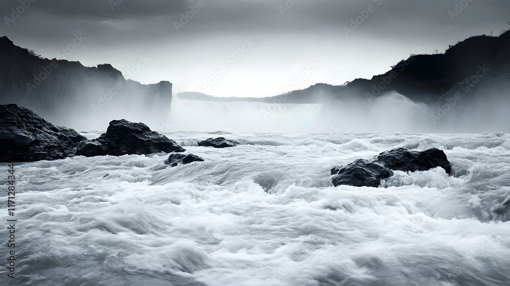 Obraz premium Icelandic Waterfall, Dramatic Rapids, Rocky River, Grey Sky, Nature Background, Travel Poster.