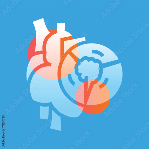 Valvular heart disease glassmorphism illustration. Transparency blur elements. Ui layered design.