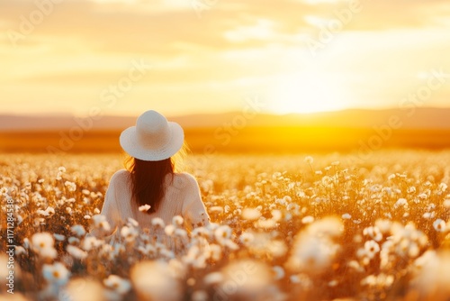 A young girl twirling in a flowy dress in a flower field, her expression carefree and joyous