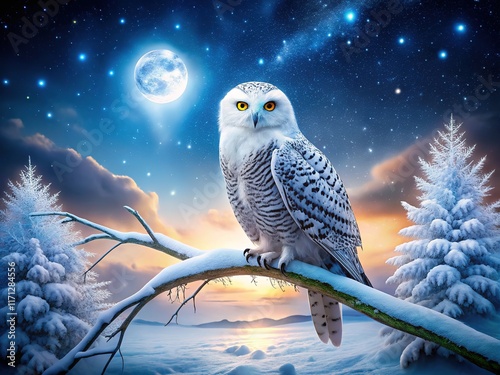 Night's hush, a snowy owl, a silent sentinel on snow. photo