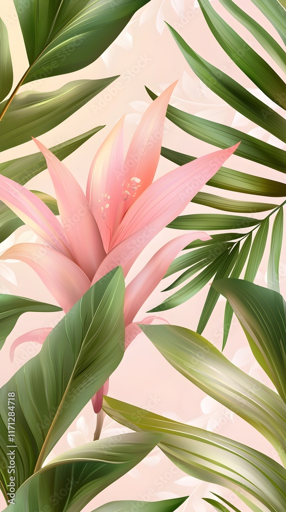 Obraz premium A pink flower with green leaves