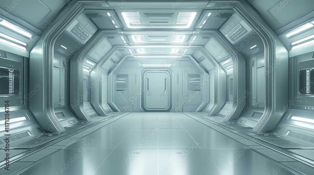A sleek, futuristic corridor with metallic walls and bright lighting.