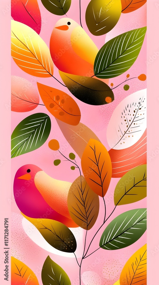 Fototapeta premium A pink ribbon with birds and leaves on it