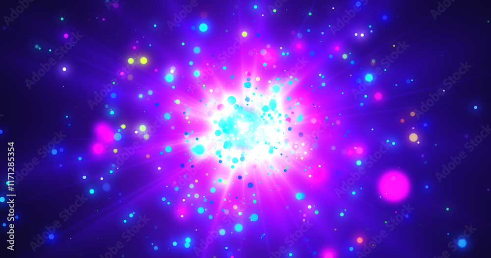 3D particle blast galaxy space bg. Explosive big bang nebula cloud burst in dark magical colors. Night sky fantasy stars emerging. Supernovas birth multicolored stars and comets moving. Space bg. 3D particle blast galaxy space bg. Explosive big bang nebula cloud burst in dark magical colors. Night sky fantasy stars emerging. Supernovas birth multicolored stars and comets moving. Space bg.