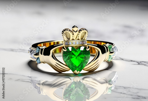 Elegant gold ring with a heart-shaped green gemstone and crown design, showcasing luxury and beauty
 photo