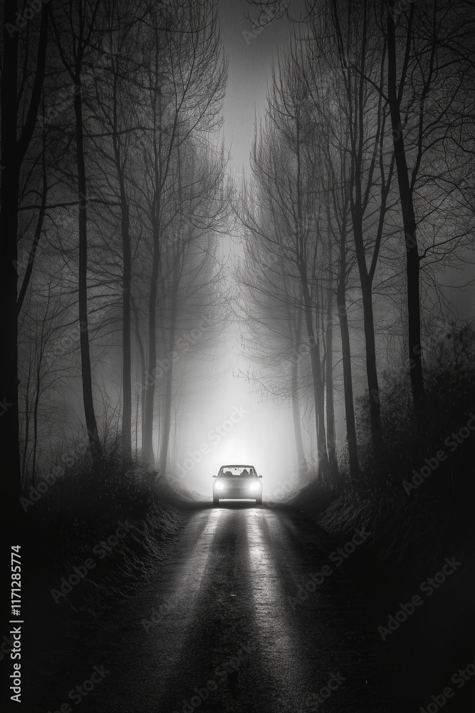 Fototapeta premium A dark road in the woods, surrounded by tall, leafless trees shrouded in fog at night. A single car shines through the mist on one side of the street, adding to the mysterious ambiance.