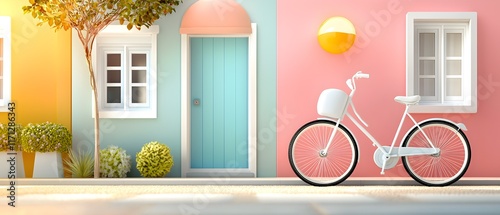 A white bicycle is parked in front of a blue door