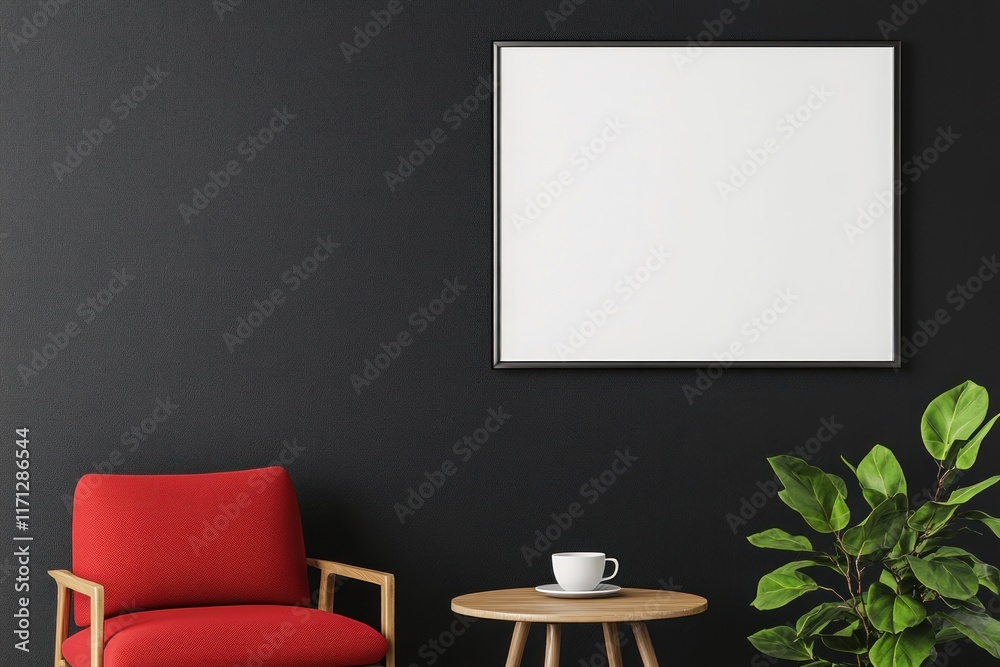 Fototapeta premium A stylish mockup of a stainless steel picture frame mounted on a clean, black wall in a minimalist, bright interior.