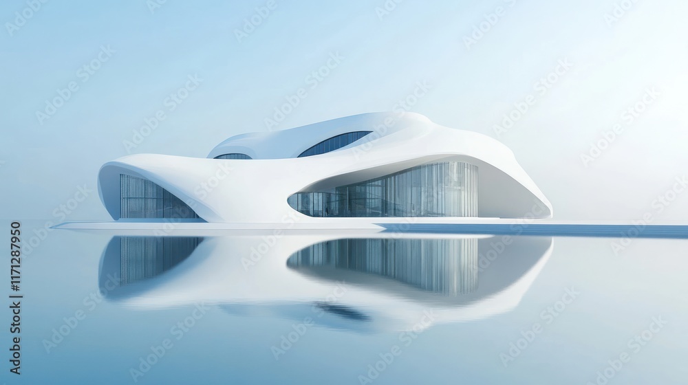A futuristic, organic-shaped building reflecting in calm water, showcasing modern architecture. A futuristic, organic-shaped building reflecting in calm water, showcasing modern architecture.