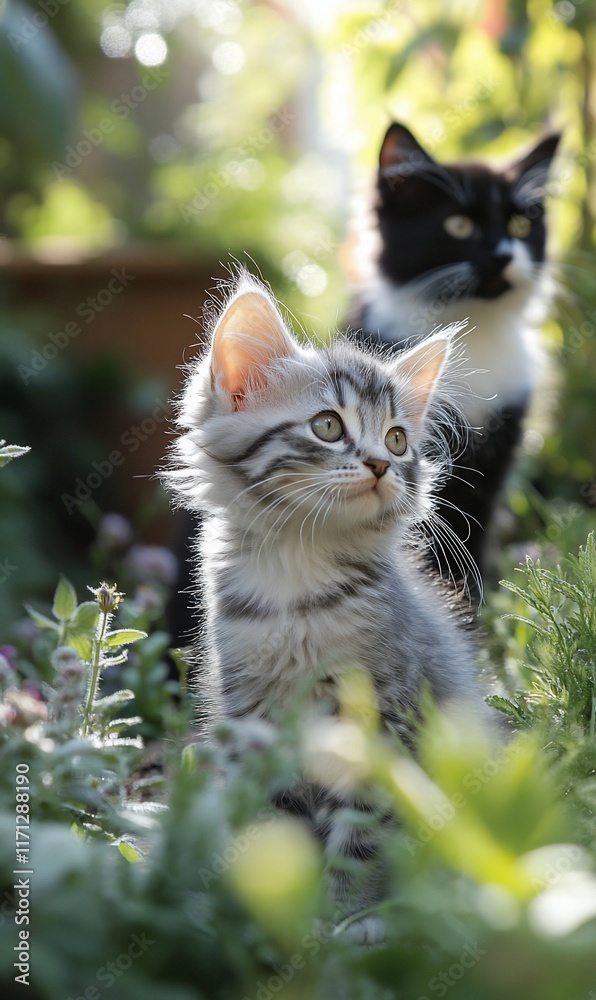 Obraz premium Two kittens sit outdoors in a garden, backlit by sunlight.