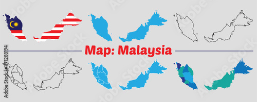 Malaysia country map set. internal provinces borders marked, Simple map of Malaysia vector drawing, Filled and outline.