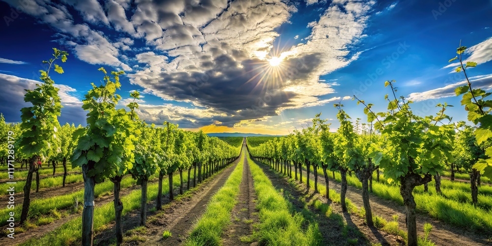 Naklejka premium Silhouette of a spring vineyard, digitally enhanced.