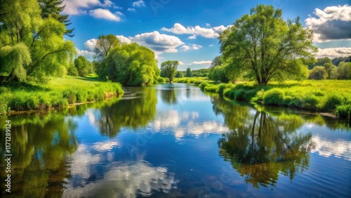 Serene river meanders through sun-drenched fields, minimalist scene.