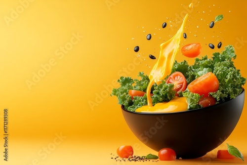 A pixel art animation of a kale salad being prepared, with pixelated toppings like tomatoes, seeds, and dressing falling into a pixel bowl photo