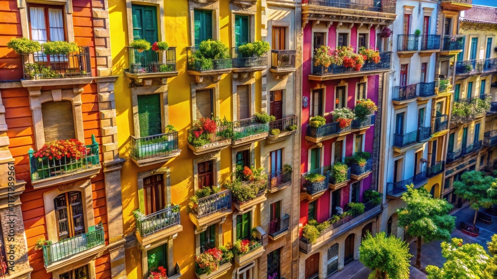 Fototapeta premium Soar above Barcelona: colorful buildings and stunning aerial views await.