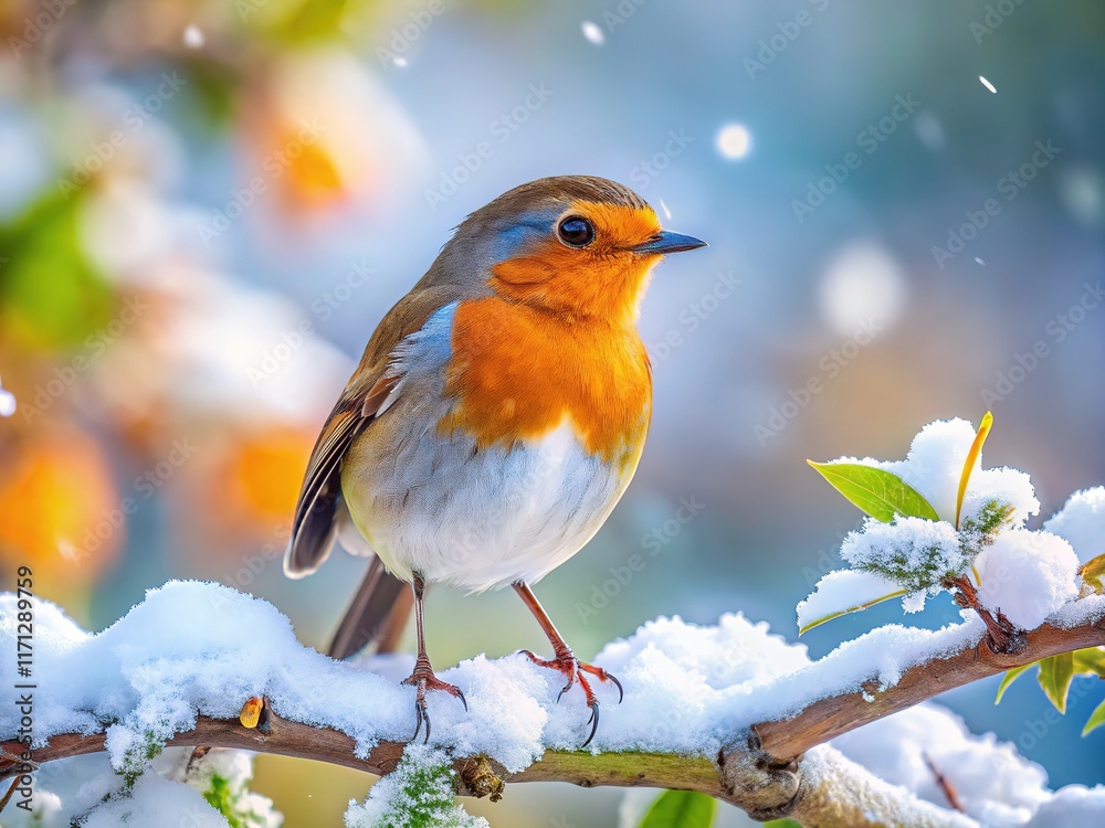 Snowy scene, robin perched, winter's beauty, vast space. Snowy scene, robin perched, winter's beauty, vast space.