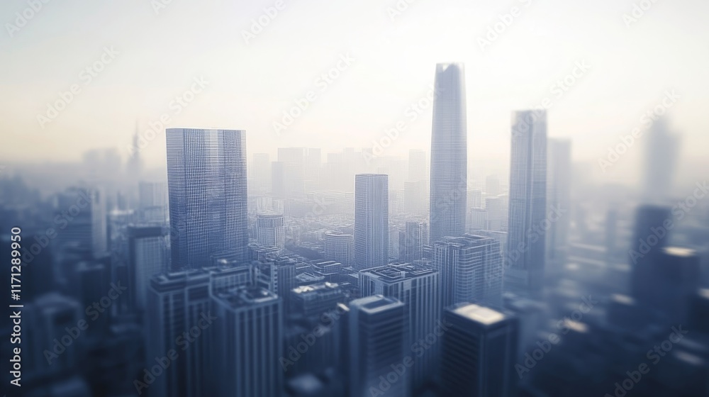 Obraz premium A hazy city skyline with tall buildings, creating a mysterious urban atmosphere.