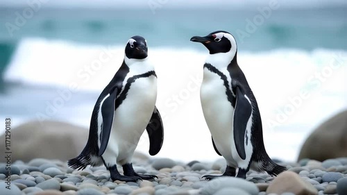 Two penguins sharing a moment on a rocky bank on a beach